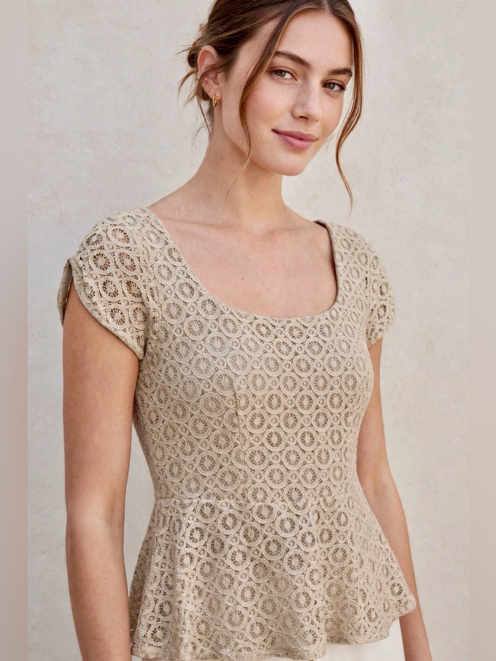 Weston Wear Ivory Crochet Lace Peplum Top M Vintage 90s Cottagecore
